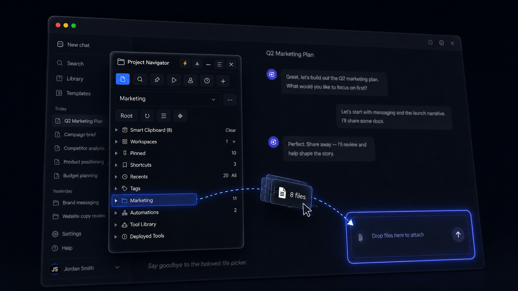 Project Navigator floating beside a desktop app with files being dragged into the active workspace